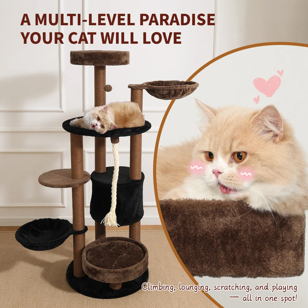 ClawCabin™ Mocha Tower | 64" Multi-Level Cat Tree with Hammock, Condo, Sisal Posts & Rope Toy