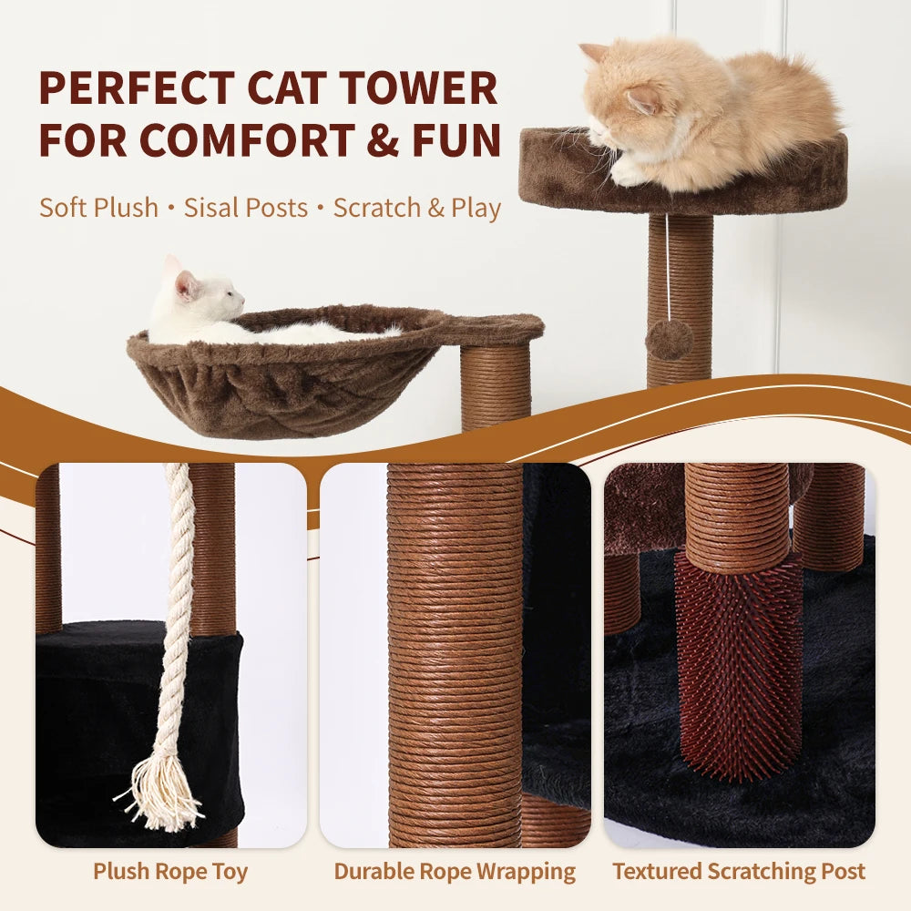 ClawCabin™ Mocha Tower | 64" Multi-Level Cat Tree with Hammock, Condo, Sisal Posts & Rope Toy