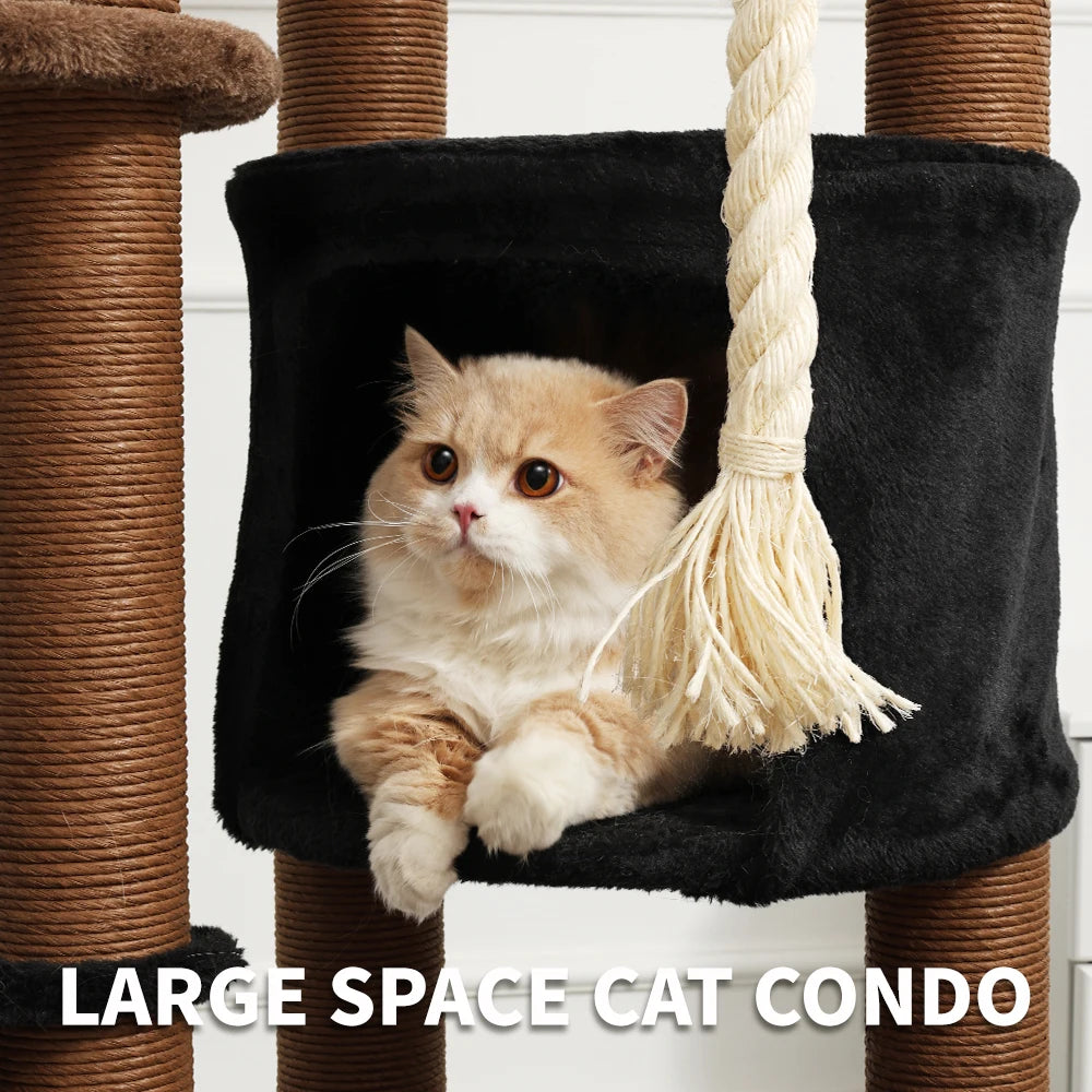 ClawCabin™ Mocha Tower | 64" Multi-Level Cat Tree with Hammock, Condo, Sisal Posts & Rope Toy