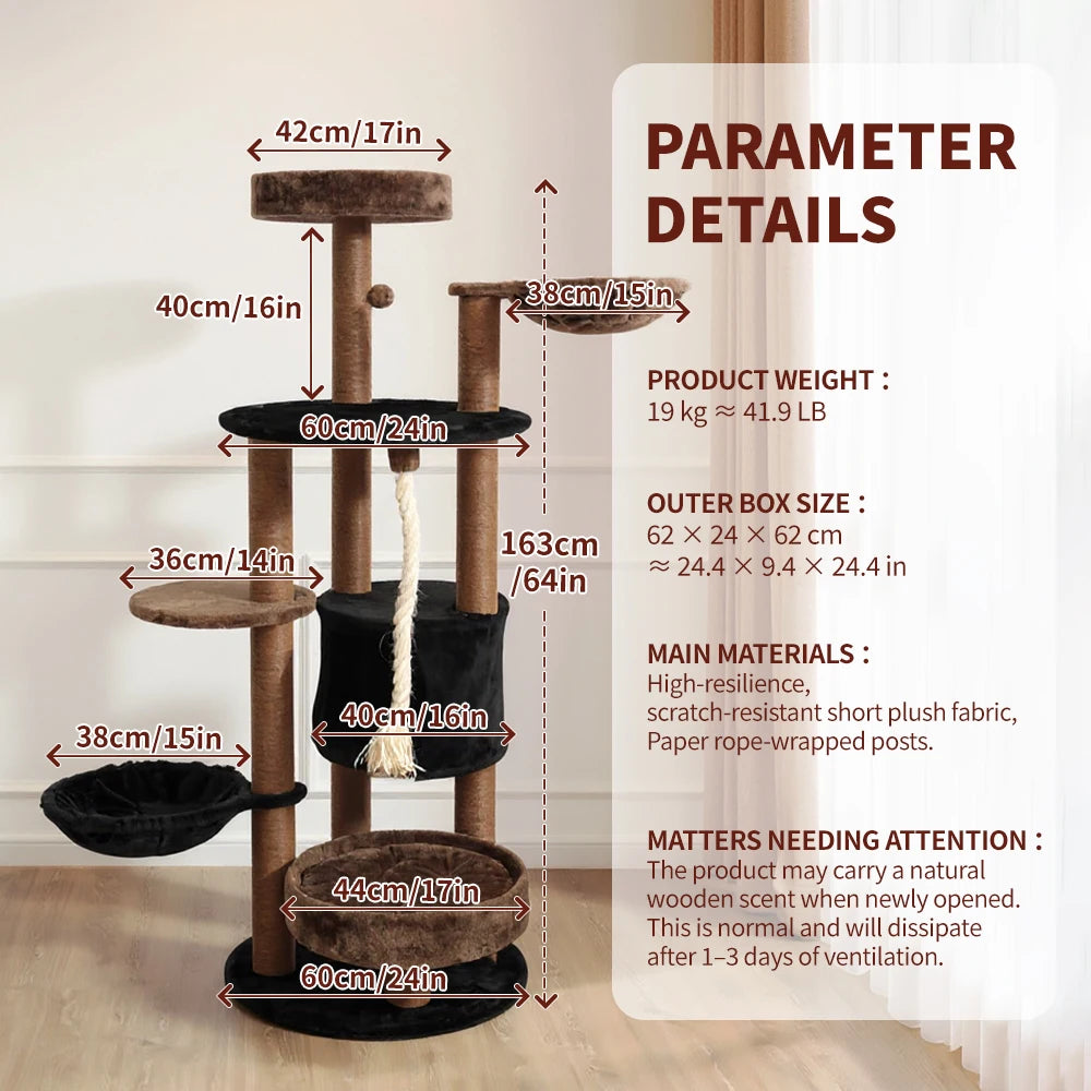 ClawCabin™ Mocha Tower | 64" Multi-Level Cat Tree with Hammock, Condo, Sisal Posts & Rope Toy