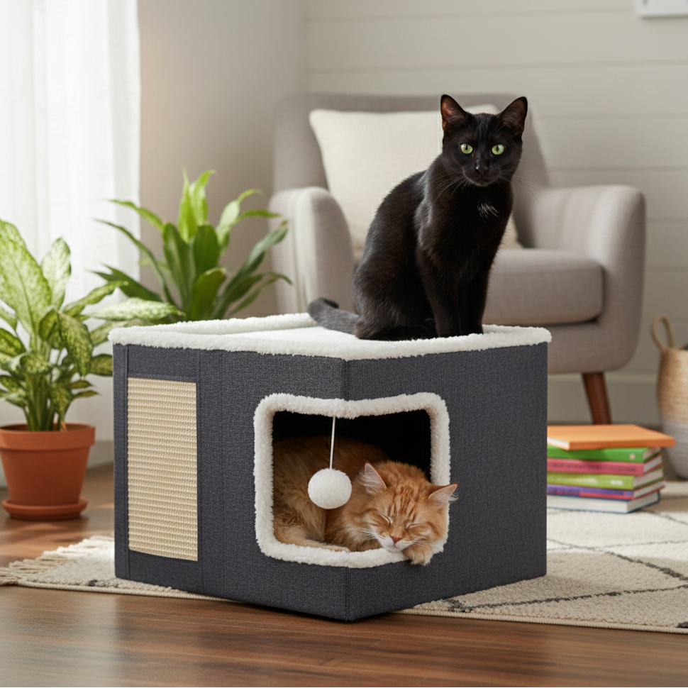 Two cats in a cat tree with a cozy living room background